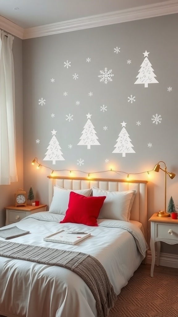 Cozy bedroom with festive wall decals of Christmas trees and snowflakes.