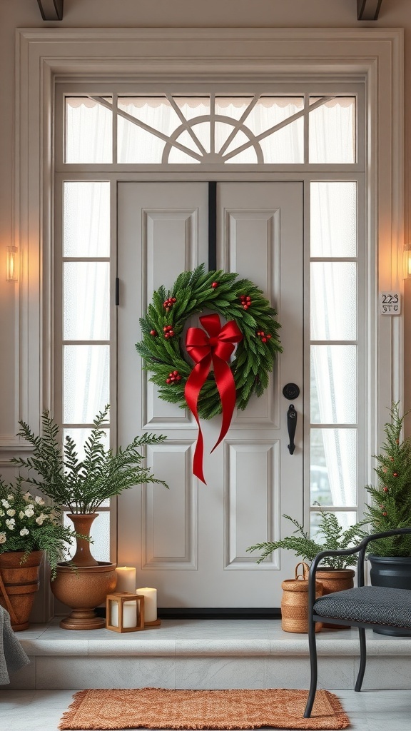 A festive wreath with red berries and a bow on a front door, surrounded by potted plants and candles.