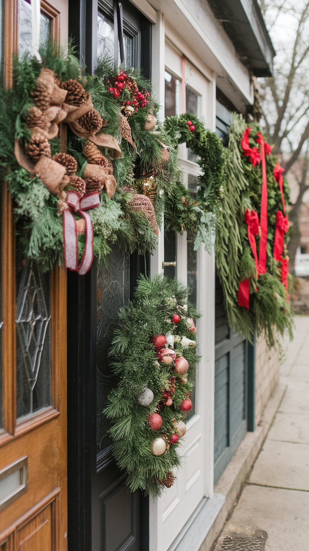 A collection of festive wreaths on different doors, showcasing various styles and decorations.