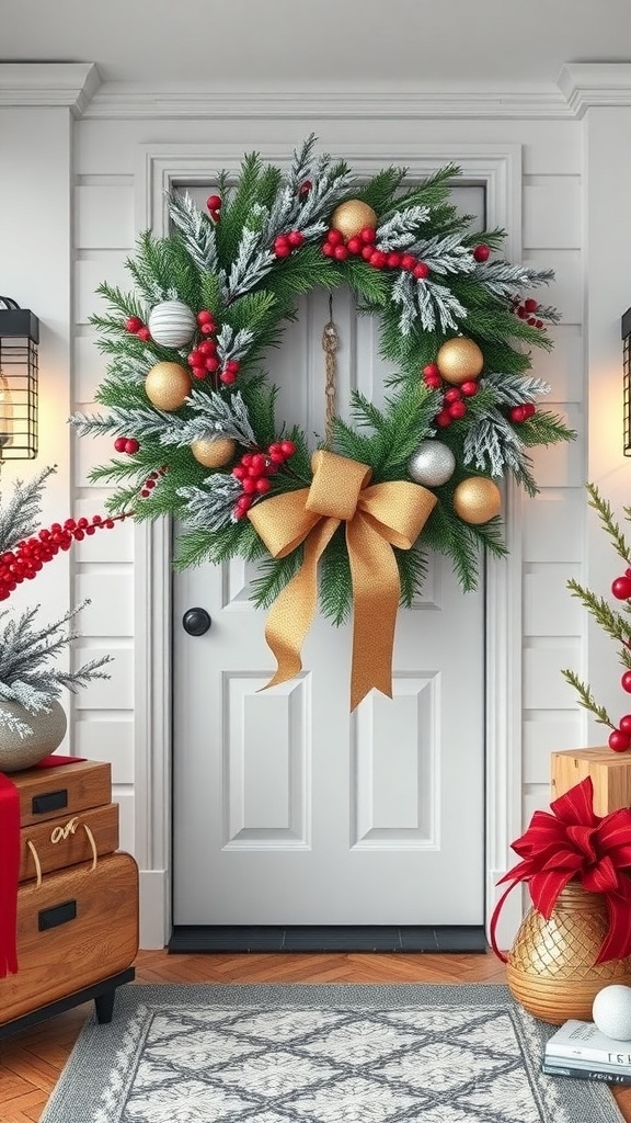 A festive wreath with greenery, red berries, gold ornaments, and a large golden bow, hanging on a front door.