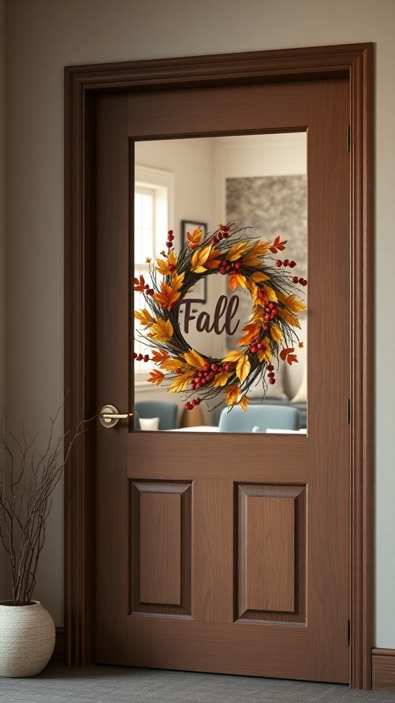 A fall-themed wreath on an office door, featuring autumn leaves and berries with the word 'Fall' displayed.
