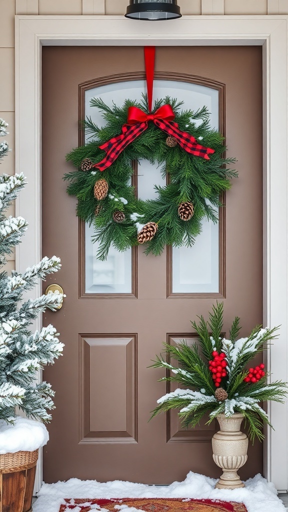 A winter porch featuring a festive wreath with pinecones and a red bow on a brown door, surrounded by snowy decor.