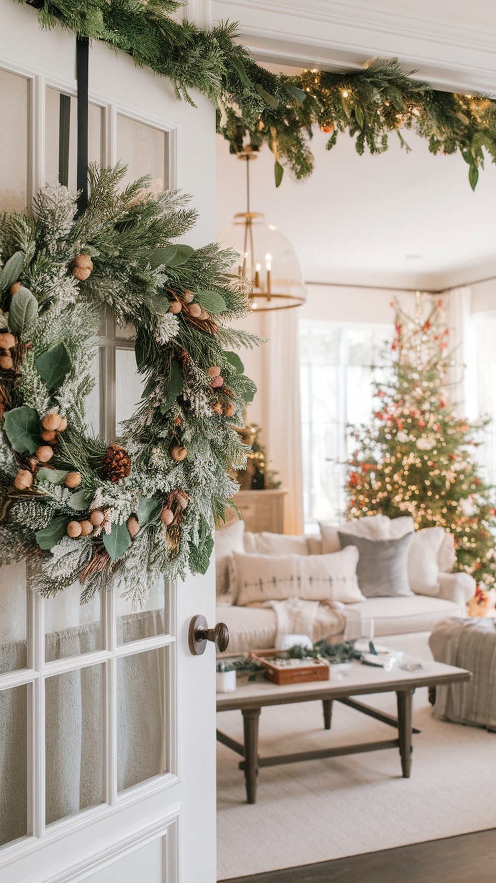 A festive wreath made of greenery and pinecones hanging on a door, with a cozy living room and Christmas tree visible in the background.