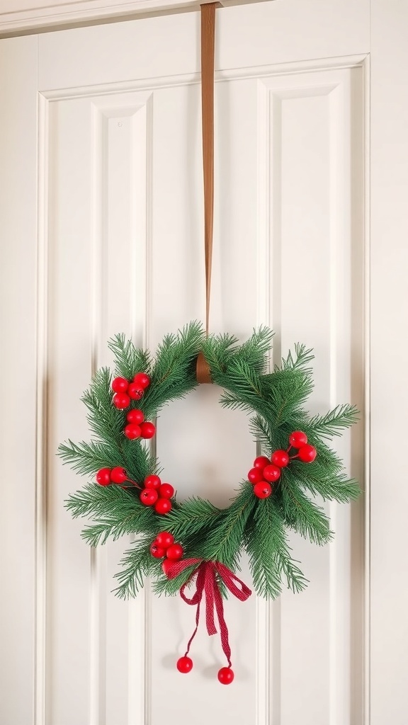 A festive wreath with green foliage and red berries hanging on a white door.