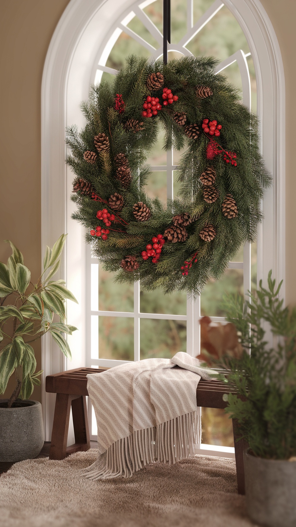 A festive wreath with pinecones and red berries hanging in a window.