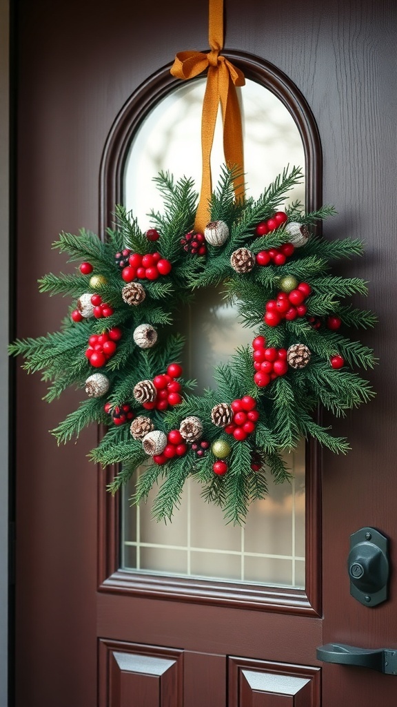 A festive wreath made of greenery, red berries, and pine cones, hanging on a brown front door.