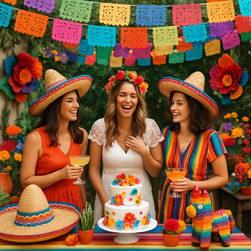 Three women celebrating at a colorful fiesta-themed bridal shower with sombreros, a decorated cake, and vibrant flowers.