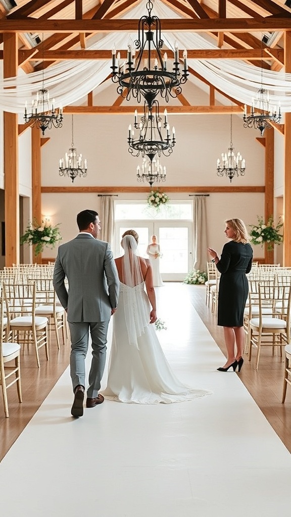 Couple walking down the aisle of a wedding venue with an event coordinator