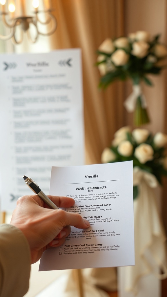 A hand holding a wedding contract with a pen, near a floral arrangement and a list of event details.