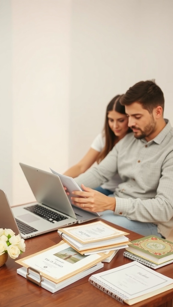 A couple planning their wedding together at a table with laptops and papers.