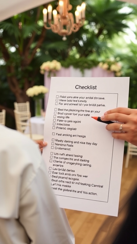 A checklist being held for bridal shower planning with various tasks.