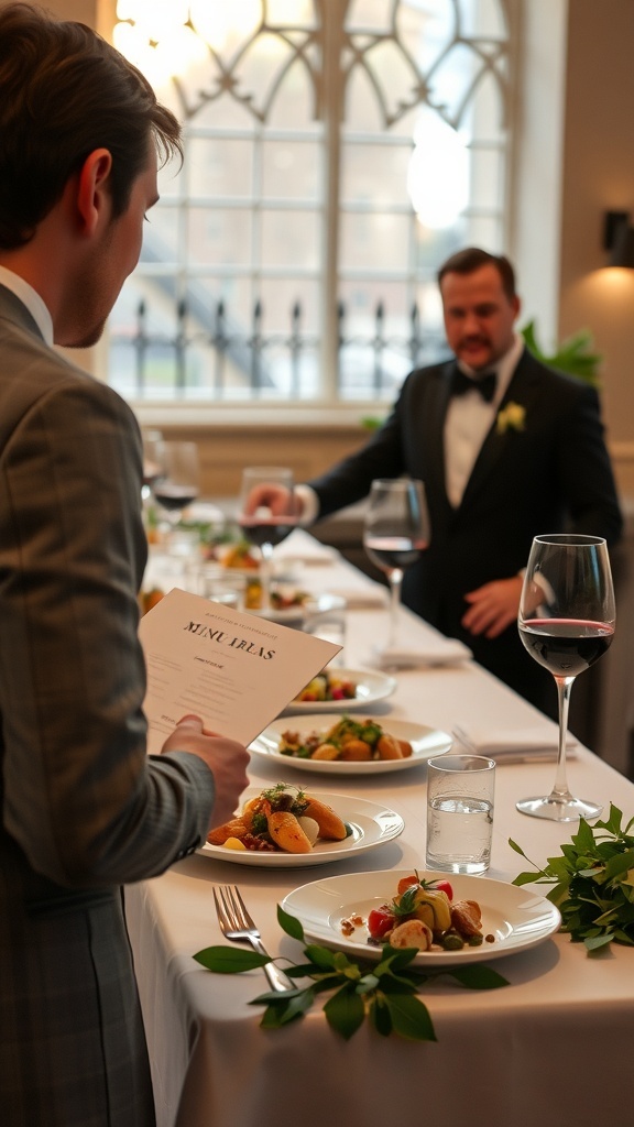A couple reviewing a wedding menu with elegantly plated dishes on the table.