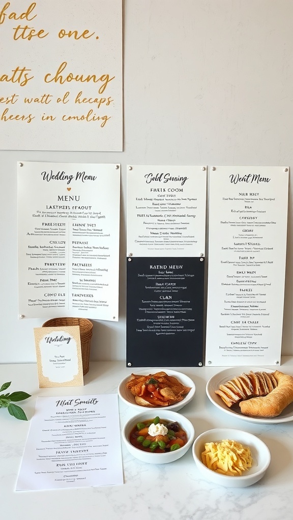 A wedding menu display featuring various food options including appetizers, main courses, and desserts.
