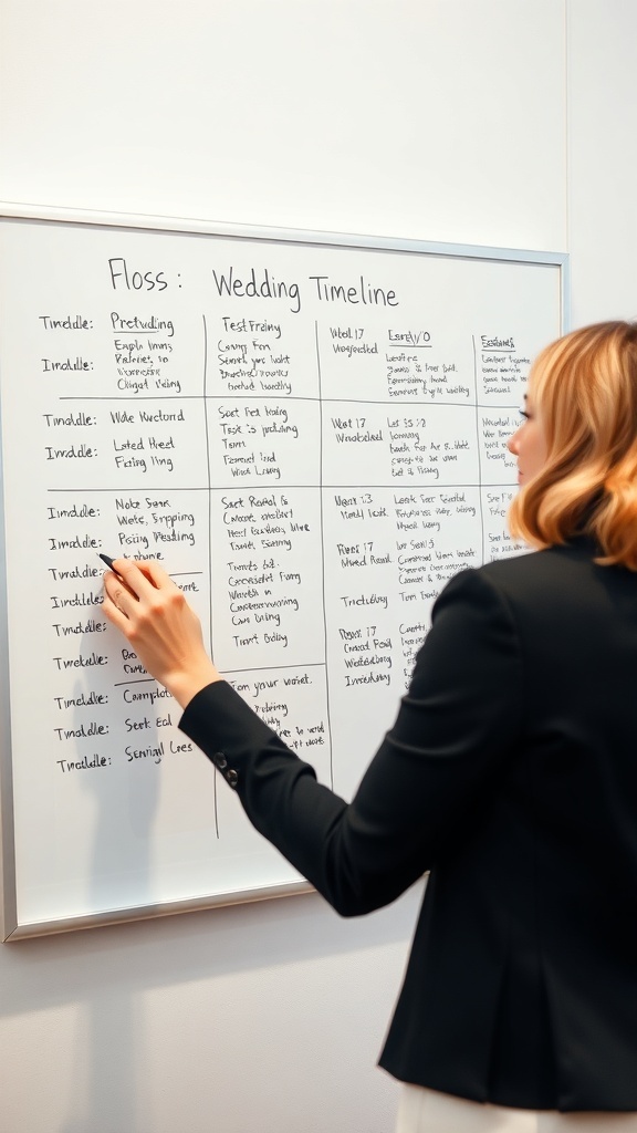 A woman writing on a wedding timeline whiteboard, detailing tasks and deadlines for the planning process.