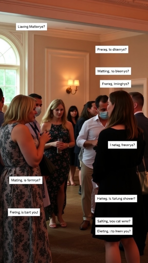 Guests interacting at a bridal shower game.
