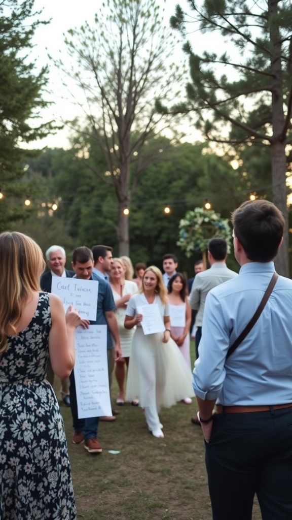 A group of guests participating in the Find the Guest game at a bridal shower, with the bride in a white dress at the center.