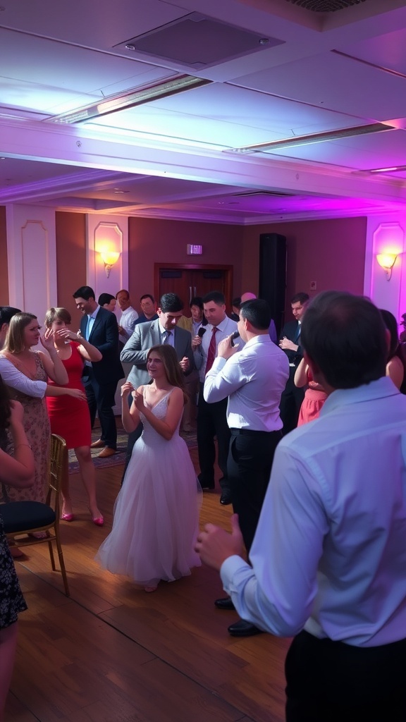 Wedding guests joyfully dancing at a reception