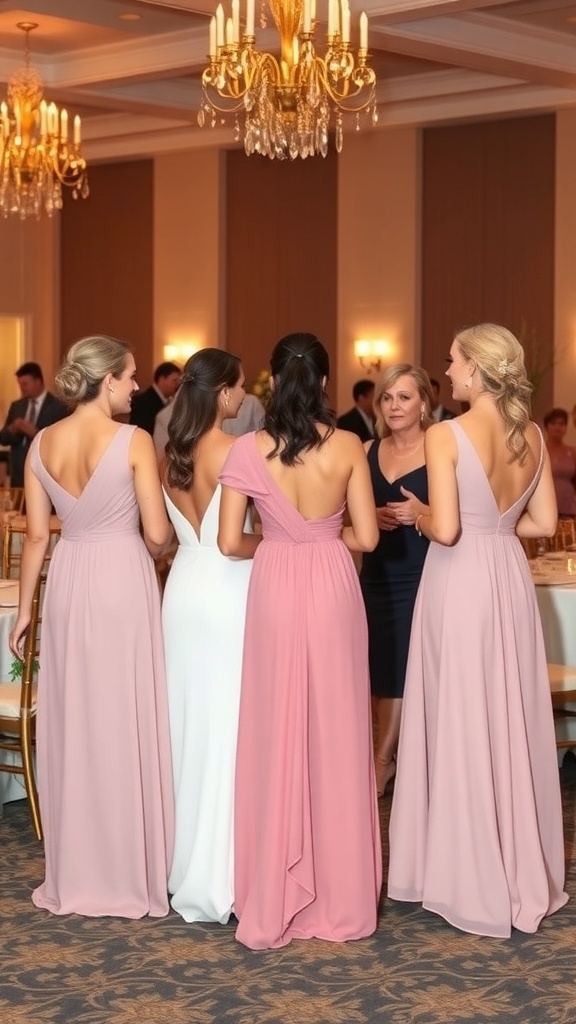 Bridal party in elegant pastel dresses mingling at a wedding reception.