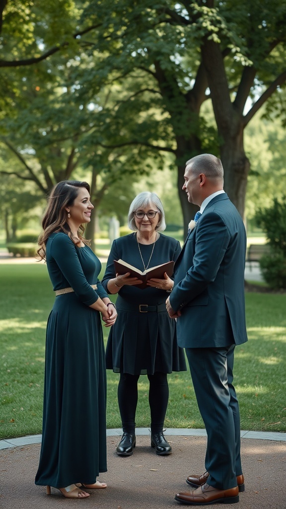 A couple exchanging vows with an officiant in a park.