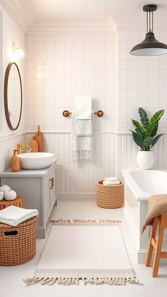 A stylish and organized bathroom featuring natural materials, warm accents, and greenery to enhance the decor.