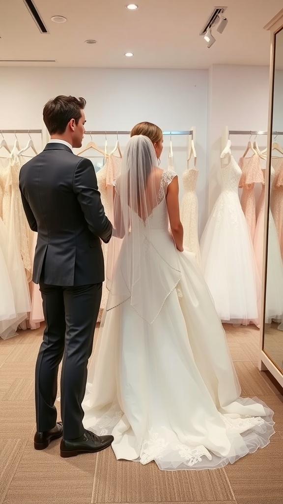 A couple looking at wedding dresses in a bridal shop.