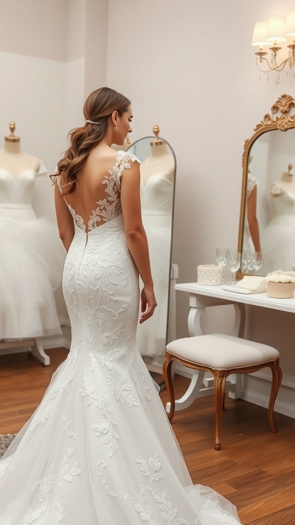 A bride in a beautiful lace wedding dress looking at her reflection in a mirror.