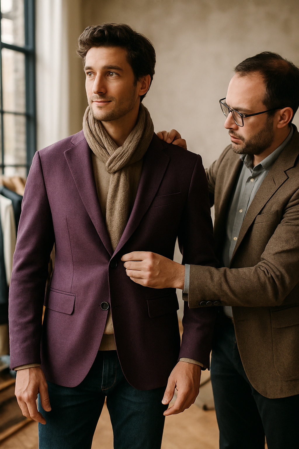 A man trying on a purple blazer while a tailor adjusts it.