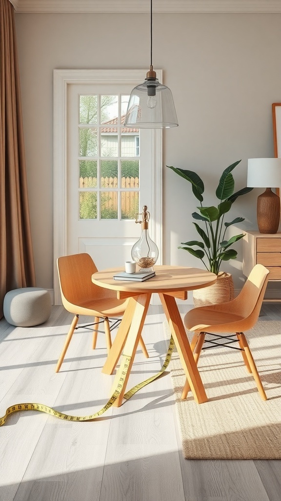 A small wooden dining table with two chairs, measuring tape on the floor, and a bright, airy room.