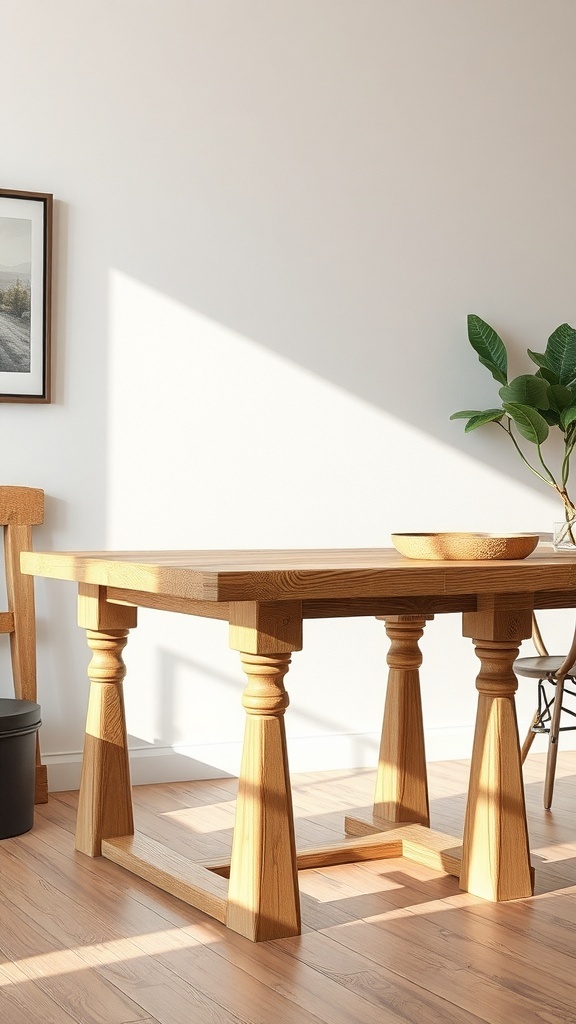 A rustic dining table with sturdy wooden legs, bathed in natural light, showcasing its stability and design.