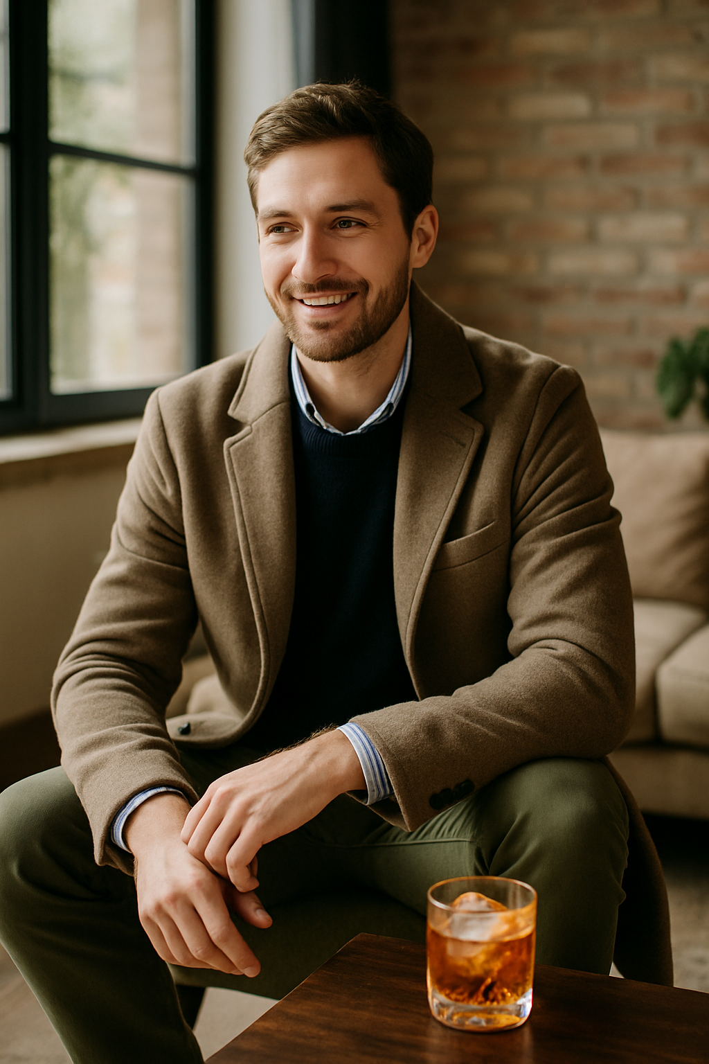 A man sitting in a stylish setting with a cocktail in front of him.