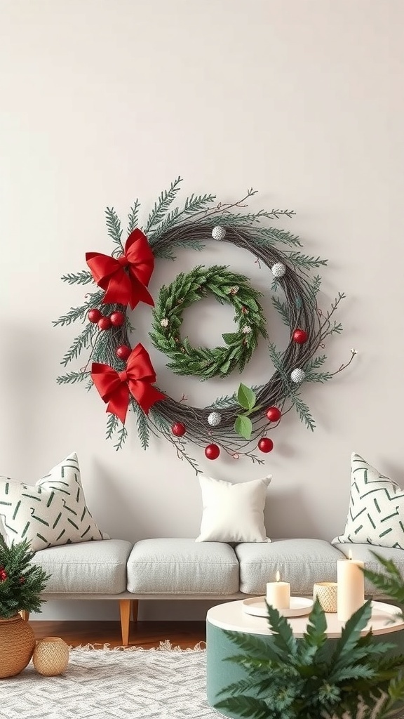 A decorative curly deco mesh wreath with red bows, ornaments, and greenery displayed on a wall.