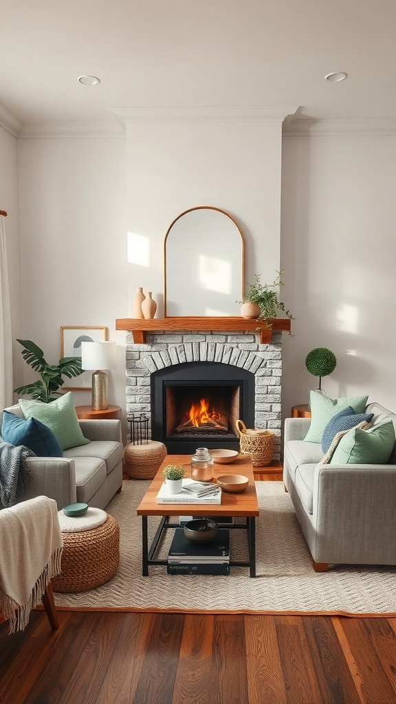 Cozy coastal living room with a stone fireplace, comfortable sofas, and natural decor.