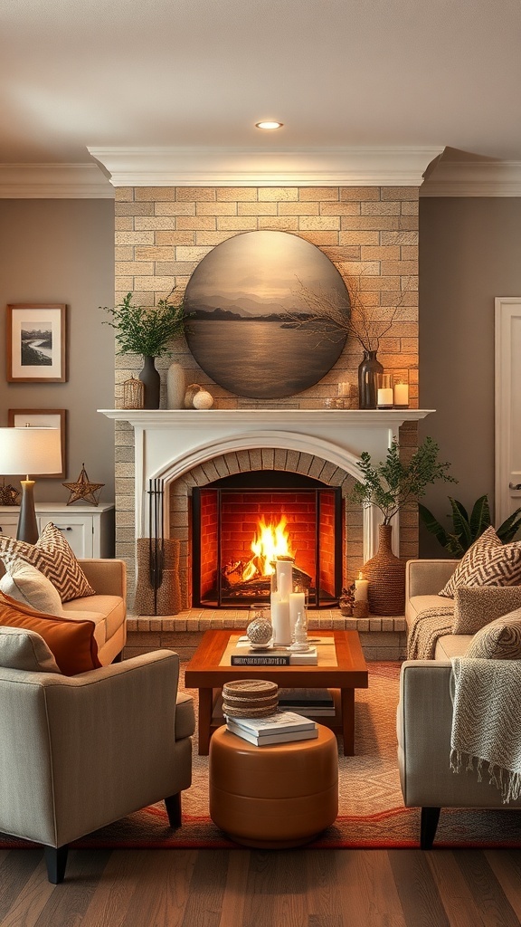Cozy living room with a fireplace, comfortable seating, and earthy decor.