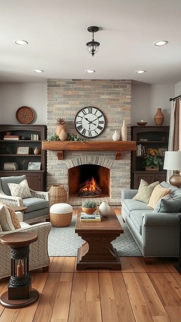 Cozy rustic farmhouse living room with a fireplace, comfortable seating, and natural decor.