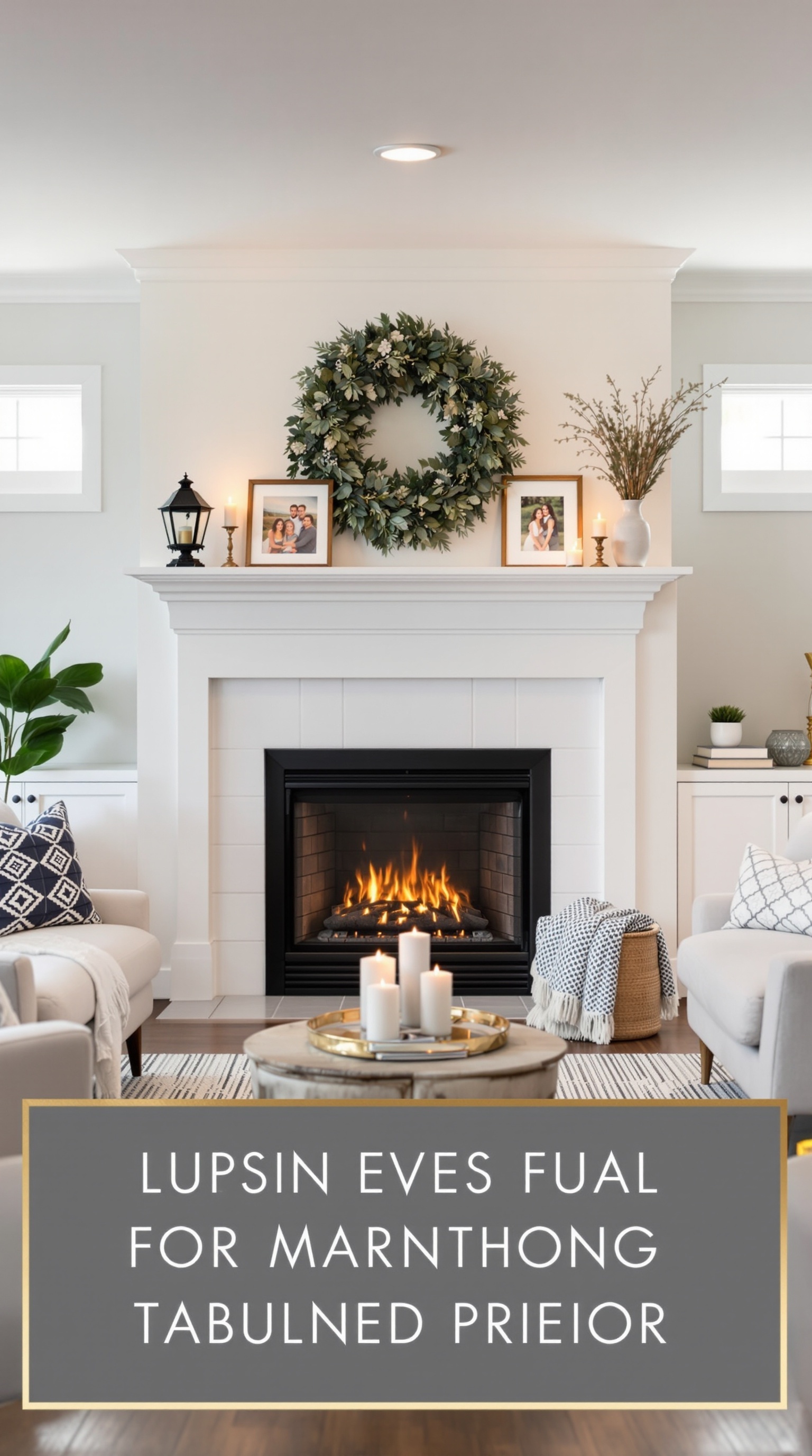 Cozy basement family room with a fireplace, wreath, and comfortable seating
