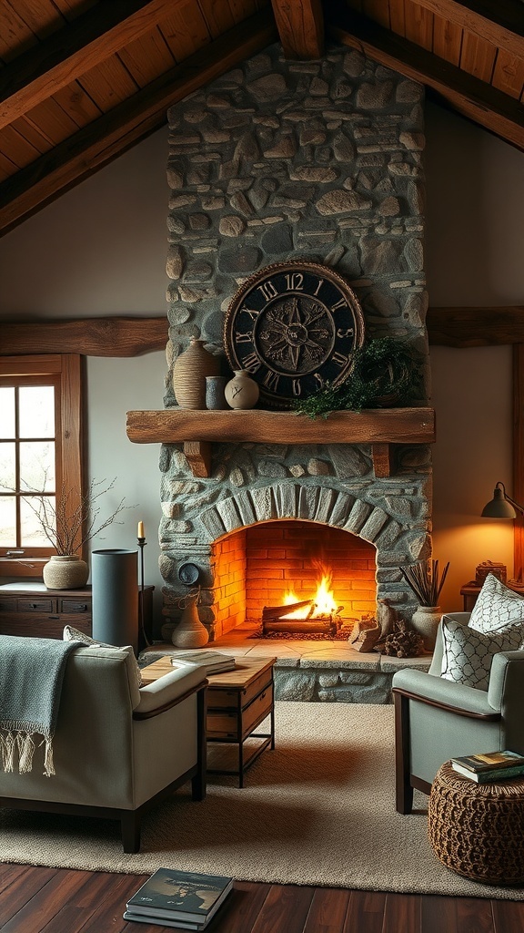 A rustic bedroom featuring a stone fireplace with a wooden mantel, a large clock, and cozy seating.