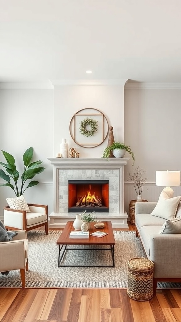 A cozy living room featuring a fireplace with a warm glow, surrounded by comfortable seating and decorative elements.