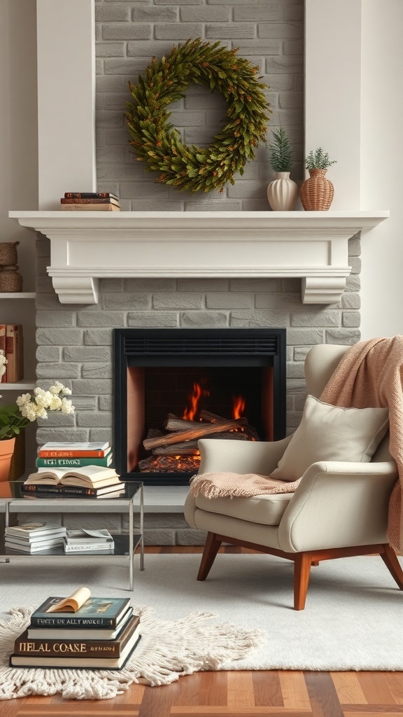 Cozy reading corner with a fireplace, armchair, and books.