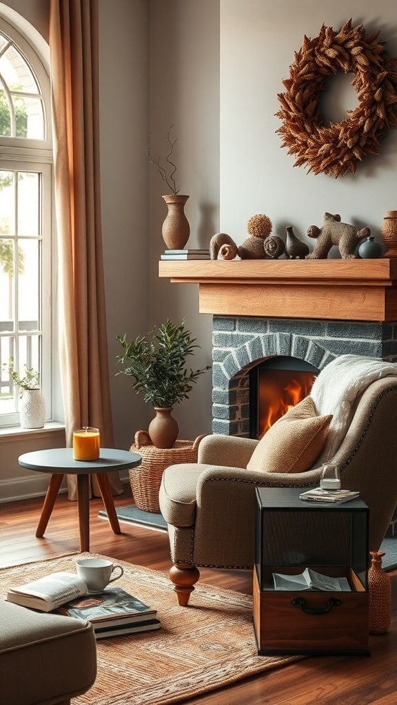 Cozy reading corner with a fireplace, comfortable chair, and decorative elements