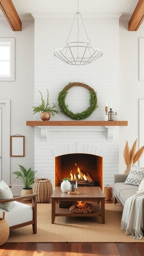 A rustic farmhouse fireplace with a cozy fire burning, surrounded by comfortable seating and decorative elements.