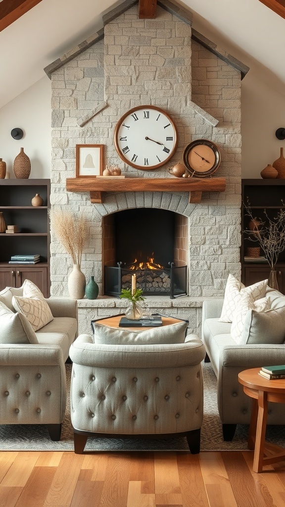 Cozy seating arrangement around a rustic stone fireplace with a clock and decorative items.