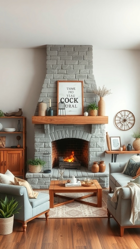 A rustic stone fireplace with a wooden mantel, framed art, and cozy seating.