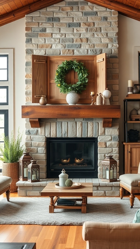 A rustic farmhouse fireplace with a stone surround, wooden mantel, and decorative accents.