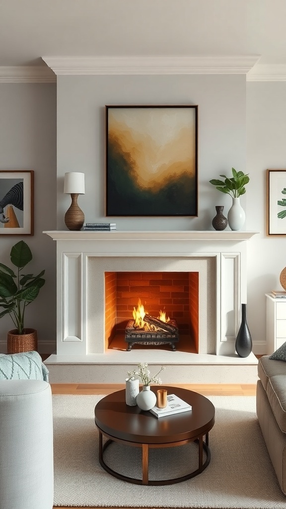Modern fireplace with abstract artwork above it, featuring warm tones and a cozy atmosphere.