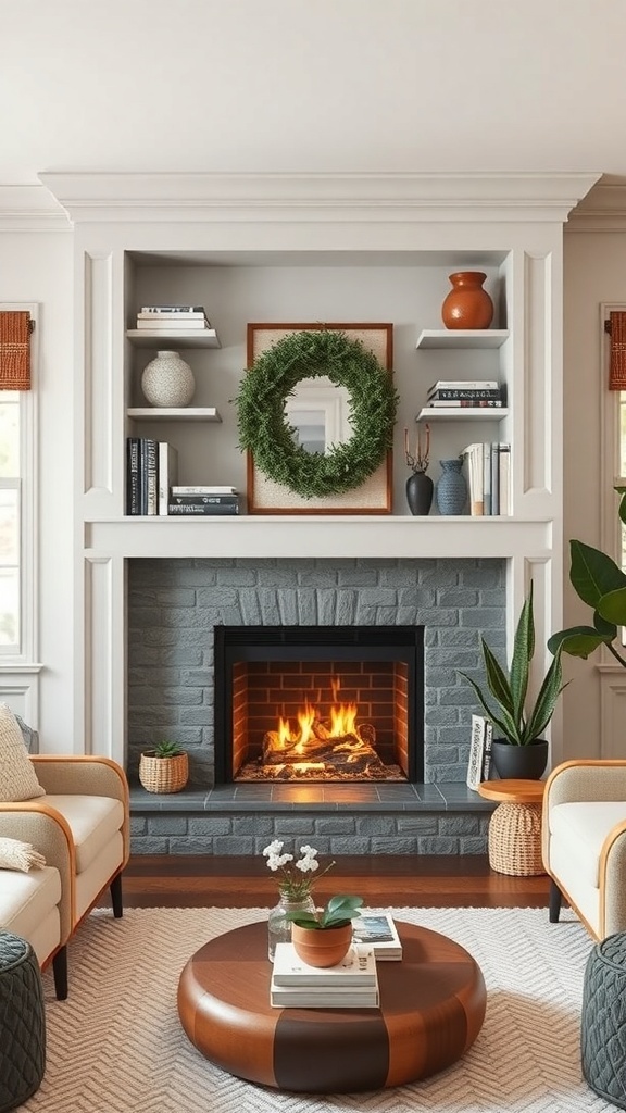 Modern fireplace with built-in shelving, featuring a cozy setup with decorative items and plants.