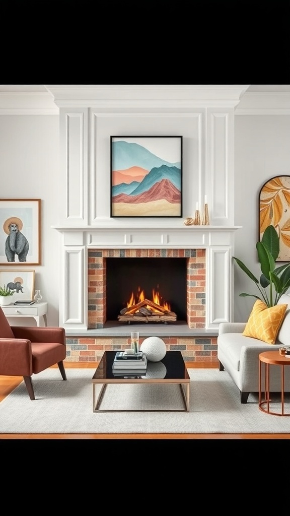 A modern living room featuring a colorful fireplace with a brick surround, stylish seating, and decorative accents.