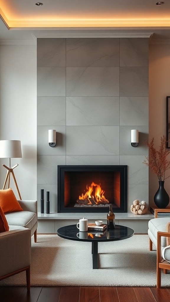 Modern fireplace with a glass surround, featuring a clean gray backdrop and cozy seating area.