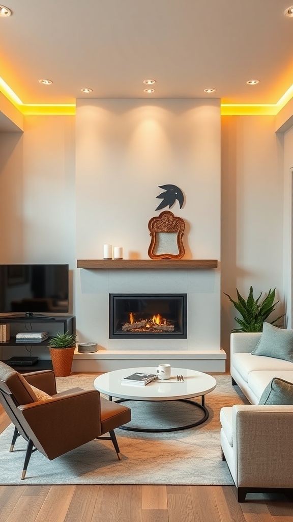 Modern living room featuring a fireplace with recessed lighting, stylish furniture, and a cozy atmosphere.