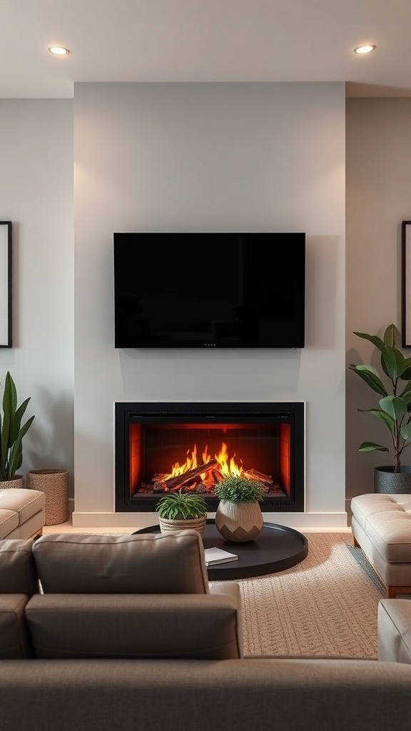 Modern living room with a smart fireplace and contemporary decor