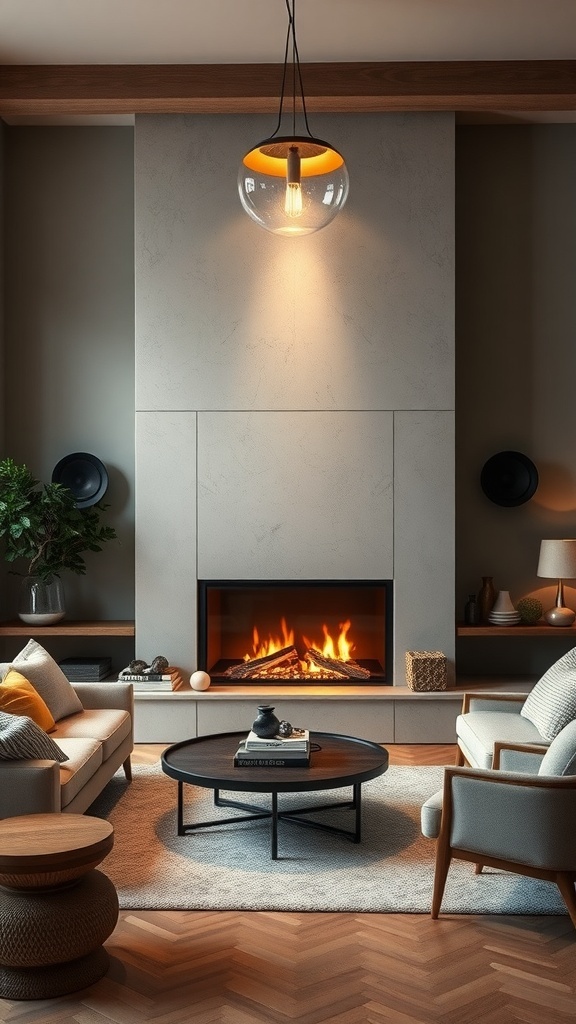 Modern living room with a fireplace and surround sound integration, featuring a minimalist design and cozy atmosphere.